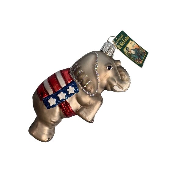 Old World Christmas Patriotic Elephant Ornament 4.5" Glass Glittered - Picture 1 of 4